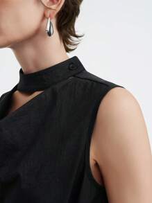 SHEIN LUNE Stand Collar Sleeveless Asymmetric Neckline Design Simple Tie-Waist Loose Dual Wear Dress With Side Slits, New For Spring/Summer - Black - View 6