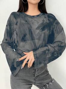 DAZY 扎染落肩上衣，不带胸罩，外出上衣，透明长袖女式上衣，秋季女装