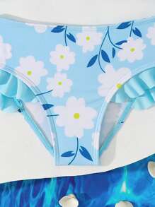 Young Girl Daisy Print Ruffle Trim Bikini Swimsuit - Blue - View 5