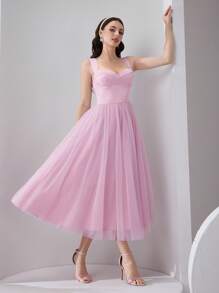 Modelyn Elegant & Romantic Lotus Root Powder Satin And Mesh Patchwork Mid-Calf Dress  Wedding Guests Summer Graduation Dress - Dusty Pink - View 5