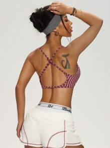 Easithlete Women's Summer Striped Criss-Cross Back Hook Front Sports Bra