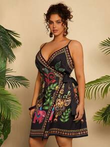 Travachic Vestido Camiseta com Amarração na Frente e Estampa Tropical em Plus Size