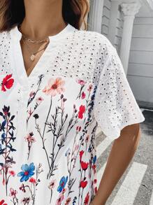SHEIN Clasi Plus Size Summer Casual Floral Print Patchwork Hollow Out Embroidery Mini Dress - White - View 6