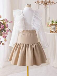 Conjunto de 2 piezas para niña preadolescente: Blusa elegante de manga larga con volantes y falda mini