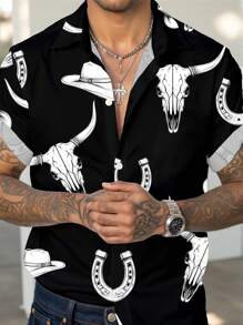 Manfinity Roughcore Western Cowboy Bull Skull, Horseshoe Printed Casual Fitted Turndown Collar Shirt For Men - Black - View 1