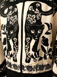 女款波西米亚度假风黑白豹纹牡丹花卉复古印花高领长袖拉链薄款夹克，适合秋冬季 - 彩色 - 查看 6