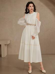 DAZY Women's Boho Vacation Chiffon Sequin Tassel Decor Off-Shoulder Waist Cinched Solid Color Maxi Dress, Spring/Summer, Ladies Summer/Graduation Dress