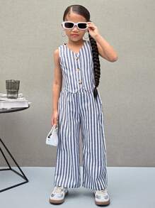 SHEIN Leap Crew Nova Glow 女童两件套：条纹休闲上衣和宽松休闲裤 - 藍色 - 查看 7