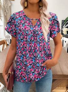 EMERY ROSE 女士夏季新款圆领百褶花卉印花优雅短袖宽松休闲衬衫 - 彩色 - 查看 3