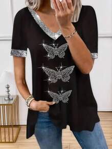 EMERY ROSE Maglietta casual da donna a maniche corte con scollo a V, con paillettes, stampa con farfalle e strass, vestibilità morbida, adatta per primavera/estate