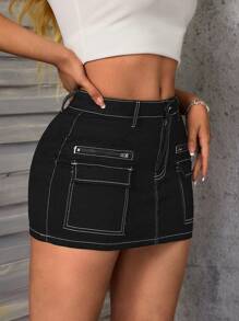 SHEIN SXY Black Denim Mini Skirt, Summer New Fashion Sexy Stretchy Bodycon Slim Pocket Straight Skirt - Black - View 6