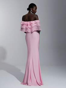 SHEIN Belle Elegant, romantic, demn roz tricotat țesătură elastică, fără mâneci, umăr asimetric, volană, decor, rochie de petrecere cu tivul coadă de pește, potrivită pentru petrecerea de aniversare, nuntă, domnișoară de onoare - Baby Pink - Vizualizare 2