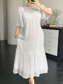 DAZY Elegant Beaded Ruffle Lotus Sleeve Round Neck Women Mid-Length Dress, Summer,Back To School Clothes