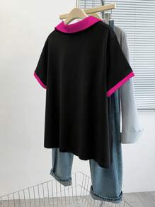 Calvaya Blusa de polo de verano de talla grande en color negro y rojo rosa, un top versátil y estilizador, adecuado para uso diario/Camiseta con bordado de corazón que te hace lucir talla grande joven - Multicolor - Ver 2