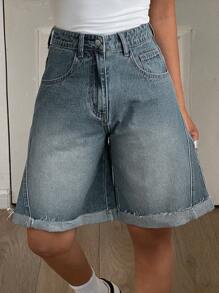 DAZY Women's Frayed Hem Wide Leg Shorts, Casual Street Style Loose Denim Shorts For Summer Y2k Streetwear - Medium Wash - View 2