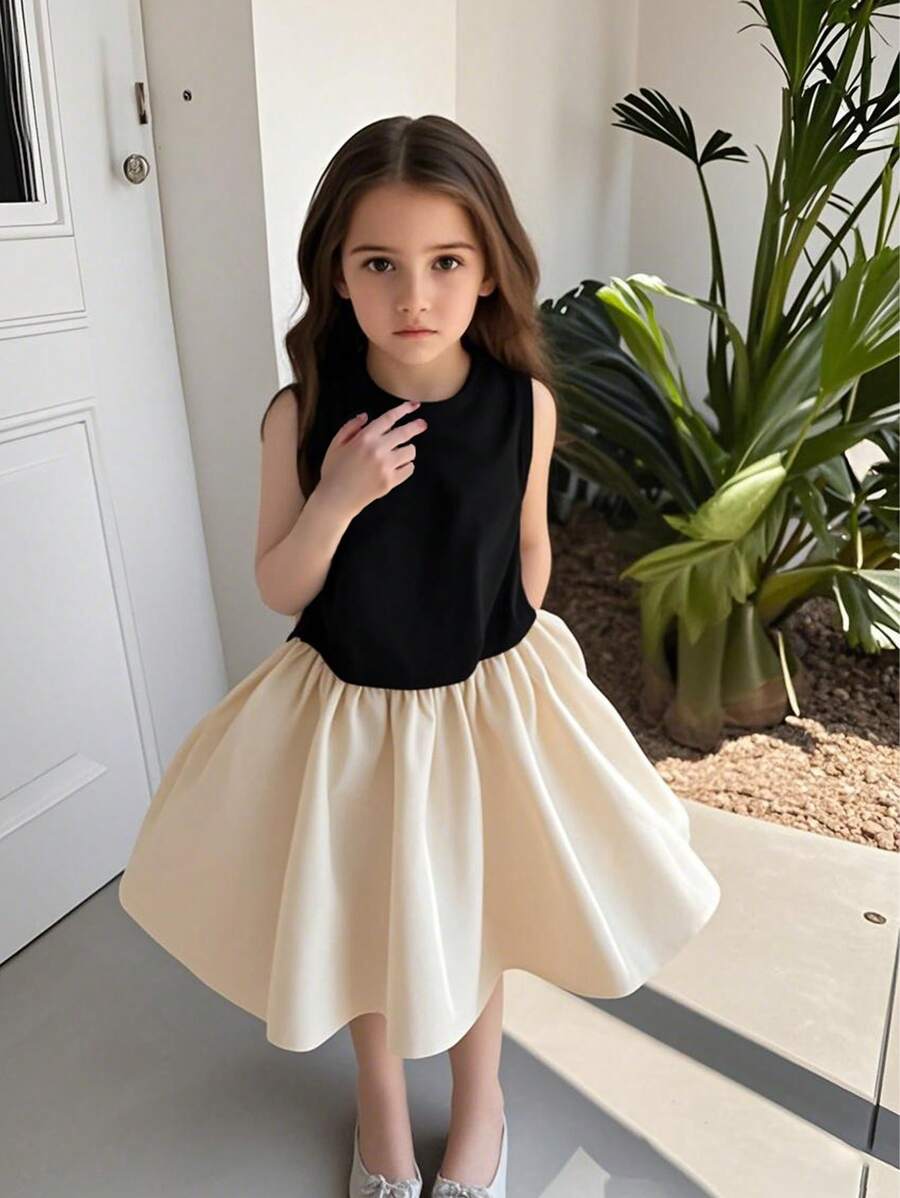 Elladie kids 女童夏季薄款无袖高圆领拼接纯真风格连衣裙 - 黑色 - 查看 1