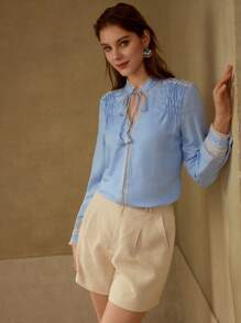 MOTF PREMIUM LINEN TIE NECK FAUX PEARL BLOUSE - Blue - View 3