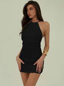 Aloruh Vestido mini ajustado con espalda descubierta, tiras para atar y volantes, vestido romántico para citas y vacaciones de verano