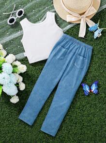 SHEIN Set de 2 piezas de top sin mangas y pantalones de ajuste informal con estampado de mariposas para niña joven