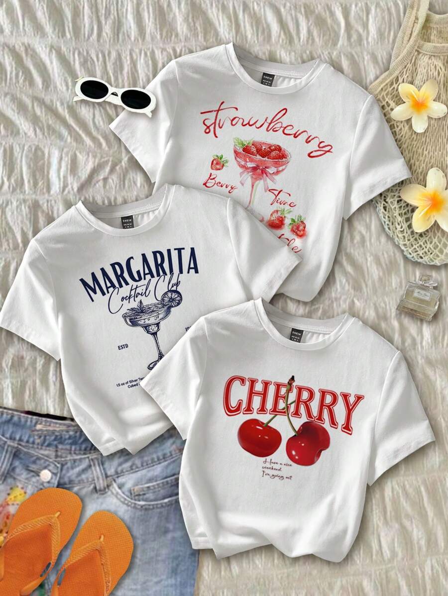 Attitoon 3pcs Set Casual Retro Cocktail & Cherry Letter Graphic Minimalist Design Crew Neck Short Sleeve Tight Cropped Women T-Shirts, Suitable For Summer Suitable For Going Out - White - View 1