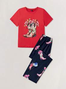 SHEIN بيجامة ذات طباعة جرافيك من توب بأكمام قصيرة وبنطال للمراهقات - الأحمر - مشاهدة 8