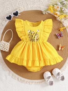 SHEIN Playful Pals Baby Girl Yellow Summer Holiday Style Dress With Embroidery Design And Ruffle Hem, Suitable For Outing And Everyday Wear Yellow Baby Outfit Yellow Dresses For Toddlers - Yellow - View 3