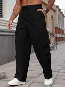 Manfinity Homme 大码男士简约休闲纯色抽绳腰工装裤 - 黑色 - 查看 5