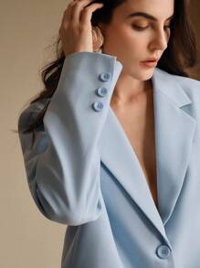 Anewsta 女士优雅纯色纽扣式西装外套和长裤套装，适合婚礼宾客 - 薄荷藍 - 查看 2