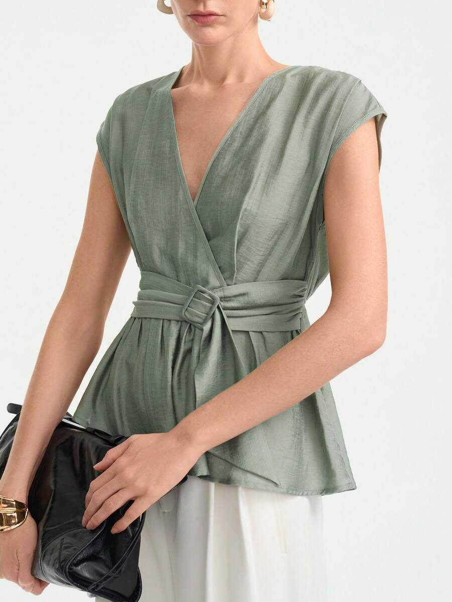 Aalyst Women's Summer Casual V-Neck Ruffle Waist Blouse, Versatile For Commuting, Daily Wear, European And American Style