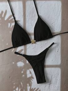 Swim Mod 2 Pcs Set Baju Renang Bikini Halter Thong Hitam dengan Motif Bintang Laut Emas Bertekstur Warna Solid, Pakaian Liburan Pantai Kasual Musim Panas untuk Wanita - Hitam - View 1