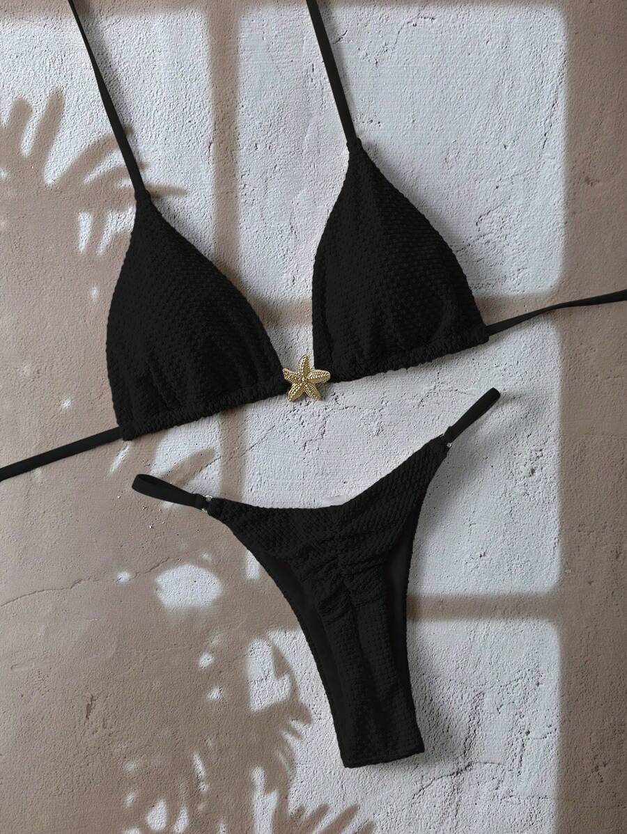 Swim Mod 2 Pcs Set Baju Renang Bikini Halter Thong Hitam dengan Motif Bintang Laut Emas Bertekstur Warna Solid, Pakaian Liburan Pantai Kasual Musim Panas untuk Wanita - Hitam - View 1