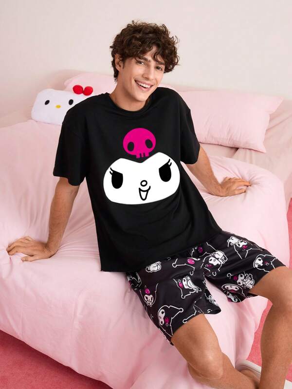 HELLO KITTY AND FRIENDS | SHEIN Tricou și pantaloni scurți negru cu desene animate casual pentru bărbați. Set de 2 piese
