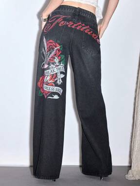 Y2K Streetwear Hip Hop Chic Cross Wing Print Low Waist Loose Wide Leg Women Jeans