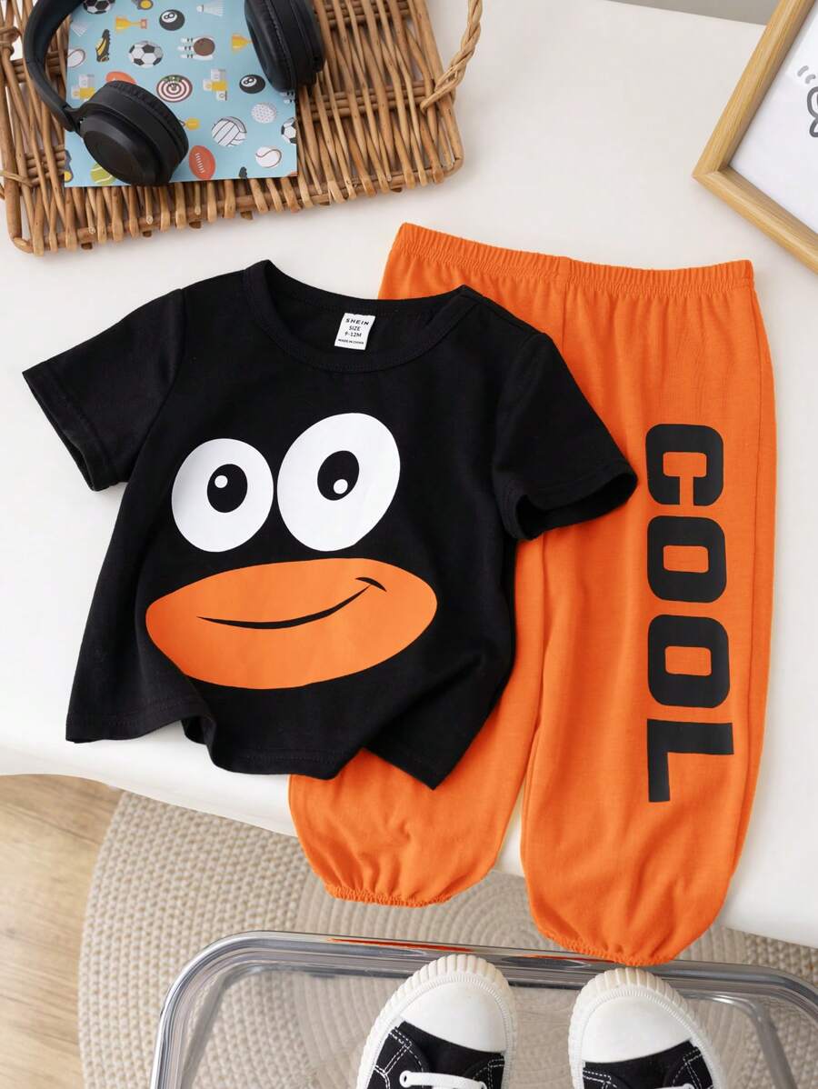 SHEIN Baby Jungen Cartoon Pinguin Grafik T-Shirt & Hose 2 Stücke Set, für Baby Jungen und Baby Mädchen