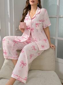 SHEIN Plus Size Ruffle Bowknot Print Lapel Casual Short Sleeve Pants Pajama Set - Baby Pink - View 1