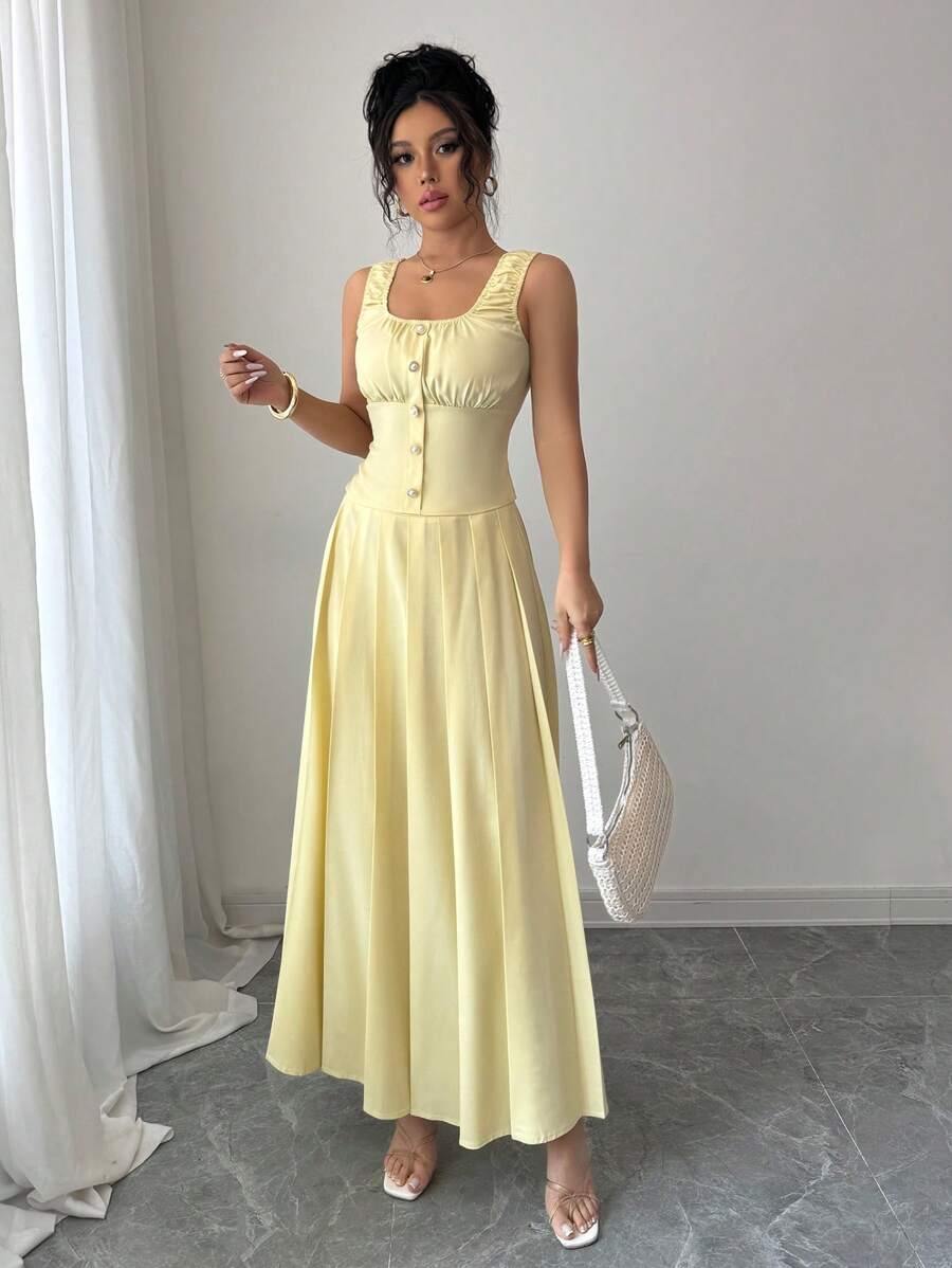 Selianne 2pcs/Set Top With Ruffle Collar Design & Pleated Skirt - Yellow - View 1