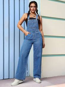 SHEIN PETITE Women's Loose Fit Pocketed Wide Leg Casual Denim Jumpsuit - Medium Wash - View 4