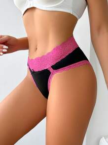 舒适甜美撞色花卉蕾丝低腰女式内裤，玫瑰红色 - 玫紅色 - 查看 3