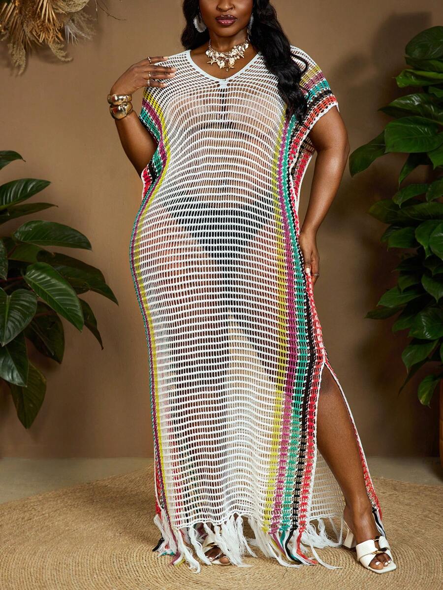 SHEIN CURVE+ Plus Size Sheer Contrast V Neck Short Sleeve Loose Maxi Sweater Dress, Curve Plus, Boho Vacation Winter Fall Autumn