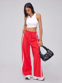 Roylia Pantaloni estivi da donna casual a gamba dritta rossi e bianchi a righe, in vita elastica con fiocco decorativo