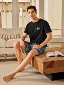 Manfinity Underwear&Sleepwear Basics Camiseta de manga corta con cuello redondo y estampado de letras para hombre, para usar en casa