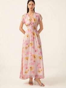 Aveloria Rosie Vestido corto de manga corta con estampado de teñido anudado, cuello en V, hombros caídos, cintura ceñida, plisado en el busto, diseño semitransparente de alta gama, estilo elegante y de moda con estampado total para mujer en verano