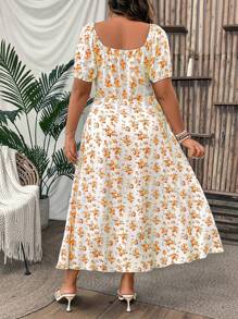 Flirla 大码女式夏季假日花卉印花前系带短款泡泡袖连衣裙，侧开衩下摆，优雅长款女装 - 黃色 - 查看 2