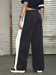 Streetz SHEIN Sport Pantalones casuales holgados con cintura elástica y piernas anchas de color contrastante para mujer