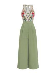 Celure Plus-size rozenprint contrasterende kleur strik voorkant elegante romantische wijde pijpen jumpsuit, nieuwe editie, Valentijnsdag