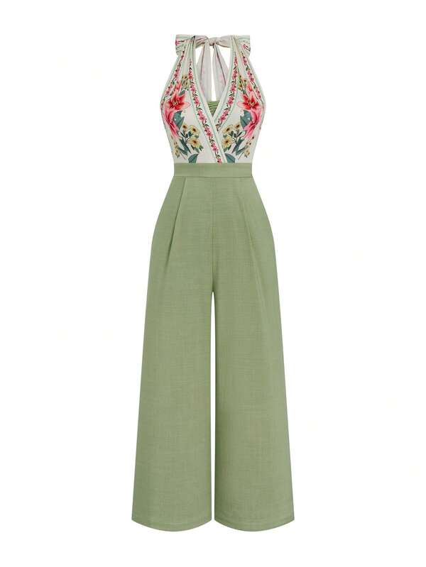 Celure Plus-size rozenprint contrasterende kleur strik voorkant elegante romantische wijde pijpen jumpsuit, nieuwe editie, Valentijnsdag