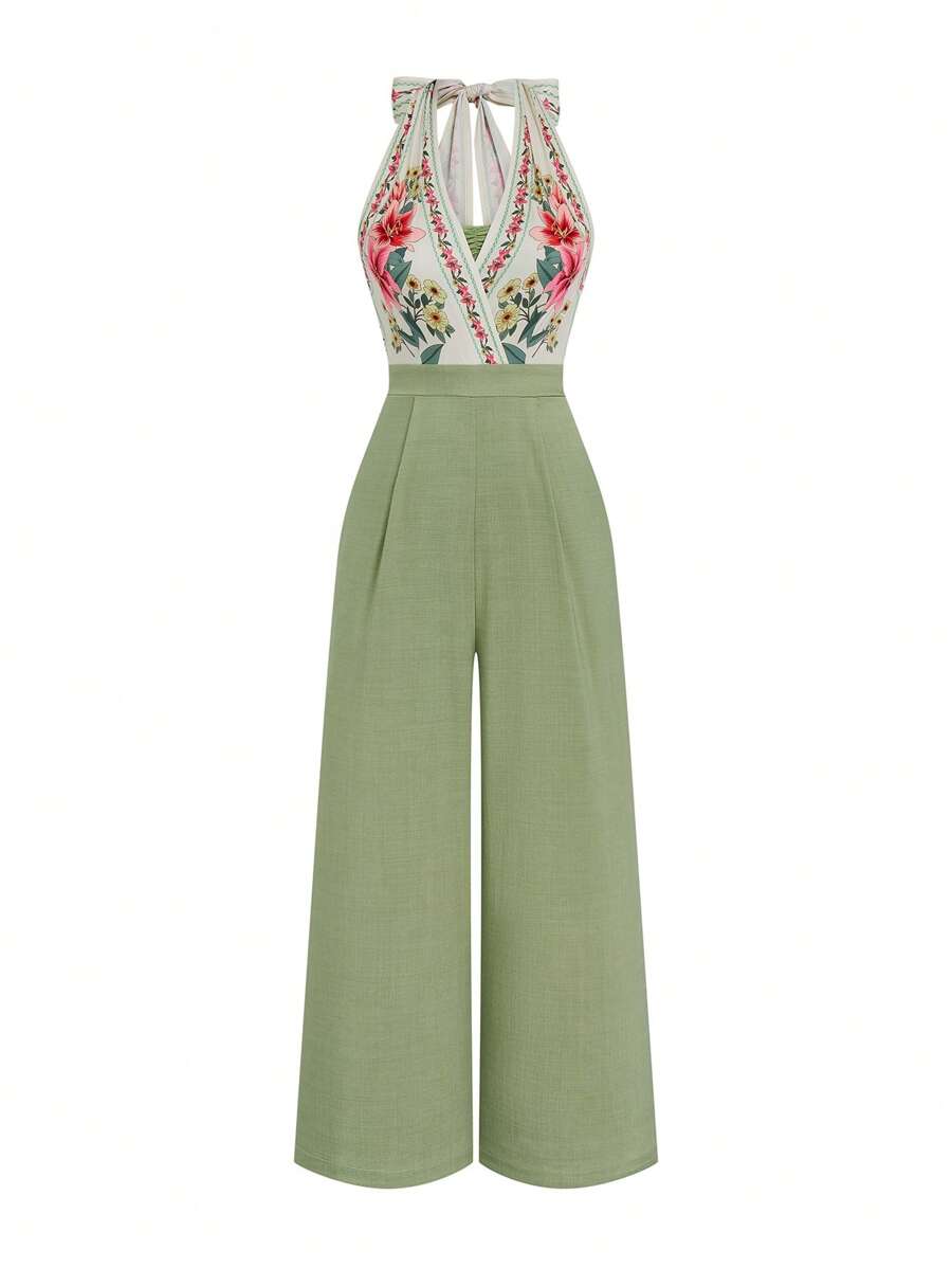 Celure Plus-size rozenprint contrasterende kleur strik voorkant elegante romantische wijde pijpen jumpsuit, nieuwe editie, Valentijnsdag