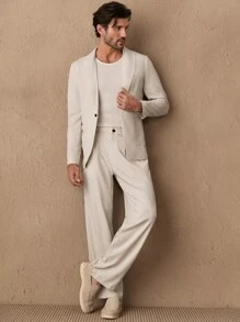 HIMLAND 2 件套男士休闲宽松梭织西装套装亚麻套装男士休闲西装，老式