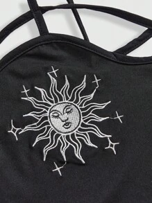 ROMWE Goth 夏季大码女式两件套：哥特式植物印花吊带背心和松紧腰中长裙 - 黑色 - 查看 8