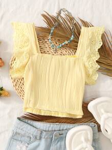 青少年女孩休闲度假飞袖方领纹理面料修身衬衫 - 芥末黃 - 查看 2